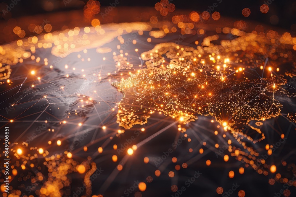 Poster virtual continents connected by glowing plexus lines futuristic global communication 3d render
