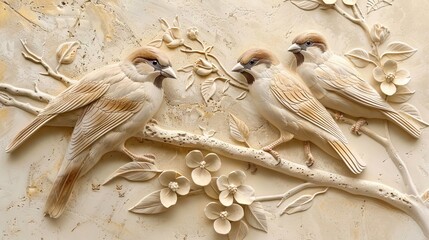 3d sparrow Wallpaper Background golden art for digital printing wallpaper, mural, custom design wallpaper. AI generated illustration