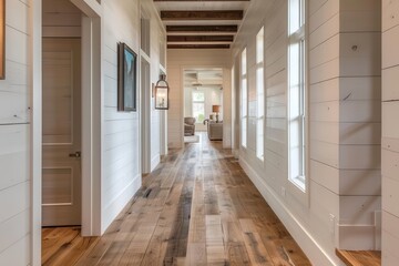warm rustic corridor design with natural wood floors and white walls home interior photography