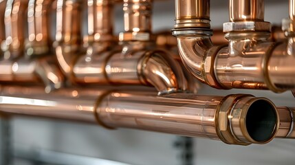 Naklejka premium Copper pipes in boiler room showcase heating system.