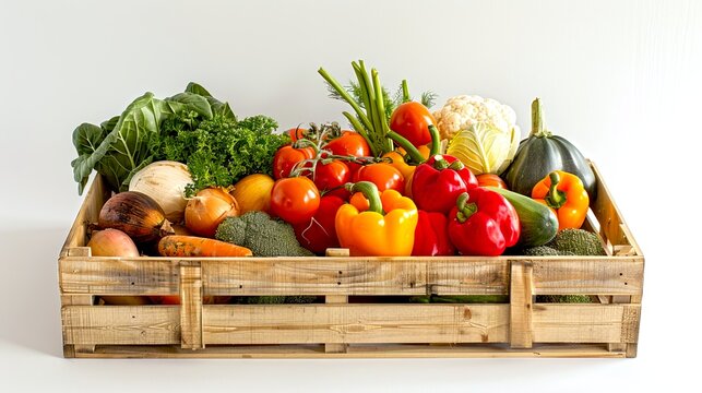 A wooden crate filled with a colorful assortment of fresh vegetables in a studio setting. This vibrant collection includes tomatoes, bell peppers, and kale. It showcases healthy eating