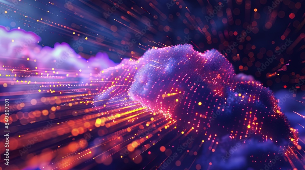 Poster an abstract illustration of cloud computing, depicting data processing and ai operations within a di