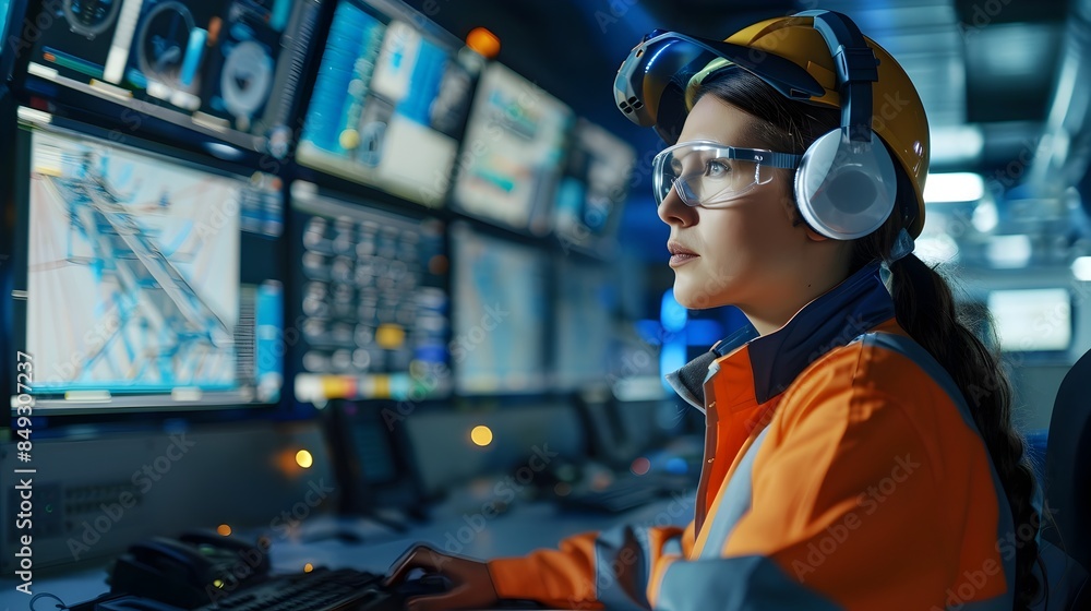 Poster female engineer monitoring advanced control systems in technological workspace