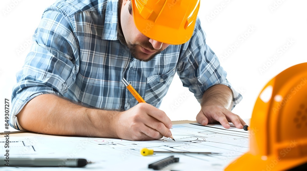 Poster engineer working on technical drawings and blueprints at drafting table