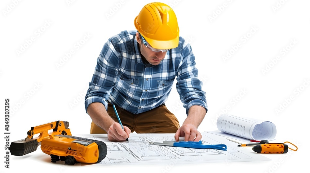 Aufkleber engineer focused on technical drawings and blueprints at drafting table