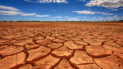 Fototapeta premium Cracked Dry Earth Under Blue Sky: Impact of Drought
