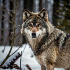 Obraz premium Gray Wolves are apex predators that inhabit a variety of ecosystems, from forests to tundra. They live in family groups called packs, working together to hunt large prey like deer and moose.