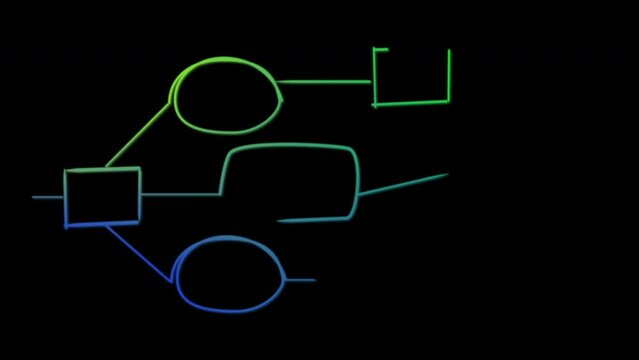 Block diagram, analysis scheme, flow chart self drawing animation. Animated blue and green infographics on black background.	