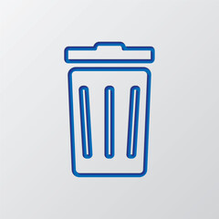 Trashcan simple icon vector. Flat design. Paper cut design. Cutted blue symbol with shadow. Gray background