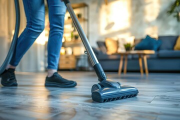 woman vacuuming floor housekeeping and cleaning concept closeup view