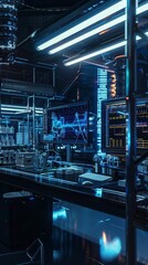 A biotech lab with AIpowered data analysis screens and robotic equipment, scifi, sleek, high resolution, automated research