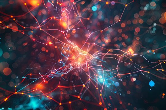 A visual of a neural network illustrating the interconnected nodes and connections that enable artificial intelligence to process data and learn. Generative AI