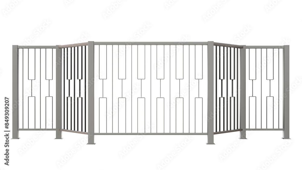Poster 3d render showcases a stainless steel railing with clean lines and eastern-inspired harmony, featuri