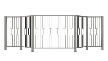 3D render showcases a stainless steel railing with clean lines and Eastern-inspired harmony, featuring a vertical rectangular pattern, perfect for modern spaces (transparent background).
