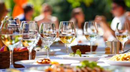 Outdoor dining scene with people and glasses of wine.