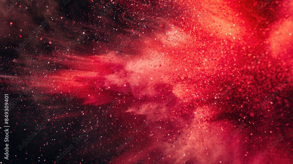 Poster red powder exploding on abstract background with multicolor glitter texture