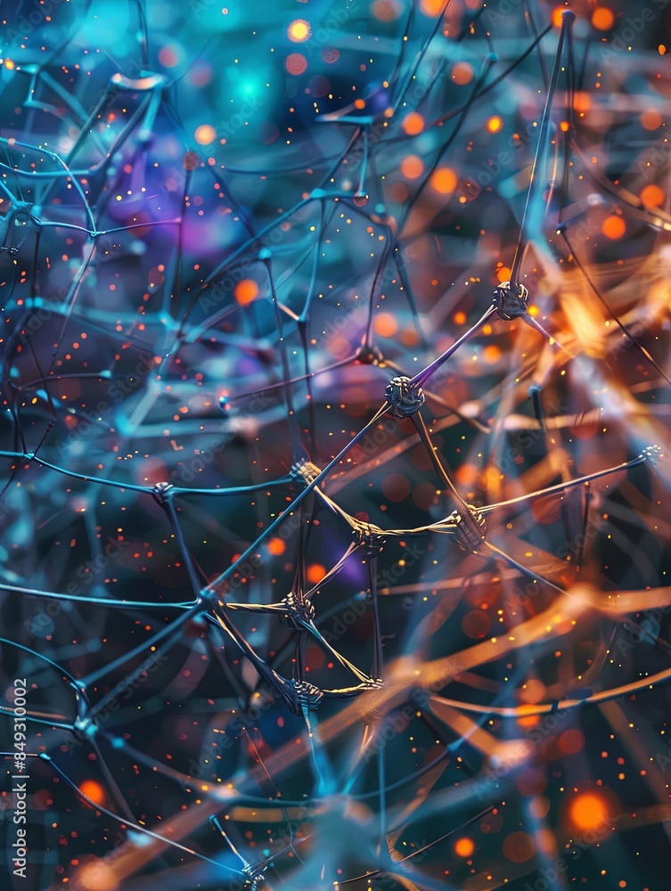 Poster A close-up abstract representation of a neural network with nodes and connections, illustrating the data processing and learning capabilities of AI. Generative AI