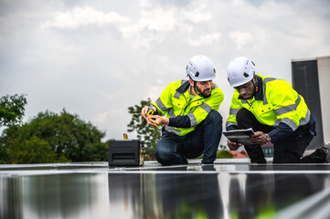 Fototapeta premium Two professional solar engineer men working with solar panels together on roof