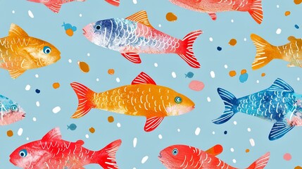 Fototapeta premium Colorful fish swimming on a light blue background. This hand-drawn, vibrant, and playful illustration is perfect for children's prints, wallpapers, or fabric patterns. AI
