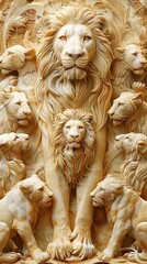 Beautiful lions 3d relief wallpaper. Mural wallpaper. Wall art. AI generated illustration.