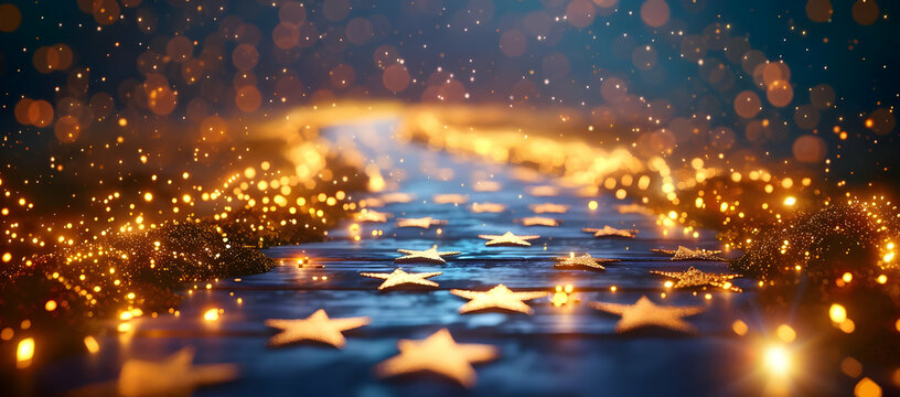 Abstract background with glowing stars and bokeh lights.