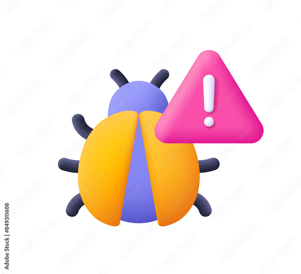 Poster bug with warning symbol, triangle with exclamation point. cyber virus, malware. cyber security conce