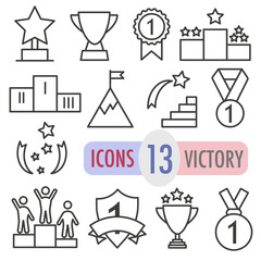 Award. Winner's medal. Victory Cup and trophy prize. Achievements. Linear icon set.