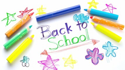 Children's drawing with colored chalk on white , text "Back to School"  in studies school background.
