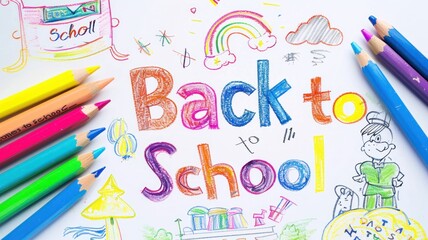 Children's drawing with colored chalk on white , text "Back to School"  in studies school background.

