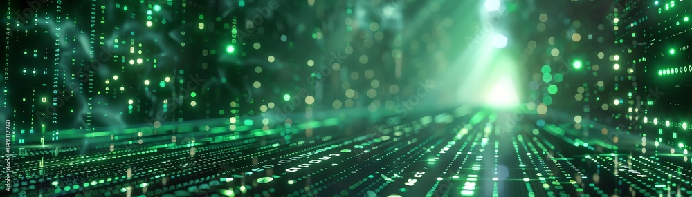 Wall mural digital matrix with glowing green code futuristic cyber scene depth of field
