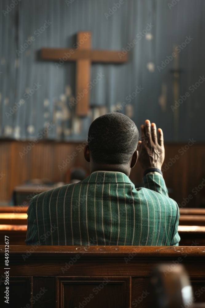 Wall mural A man was sitting in a church pew, raising his arms and praying to God - Wall murals