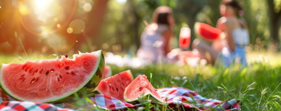Friends having a picnic in the park for National Watermelon Day, August 3rd, refreshing watermelon slices and good times, 4K hyperrealistic photo.