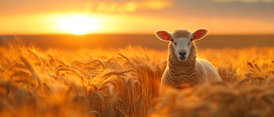 Sheep standing in golden wheat field at sunset, peaceful countryside