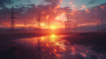 power company, hyper realistic, yellow and grey colors, landscape, sunrise background.