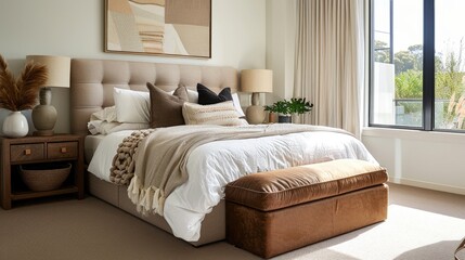 Fototapeta premium Dive into comfort and style with a bedroom styled in earthy tones, offering a retreat for relaxation and reflection.