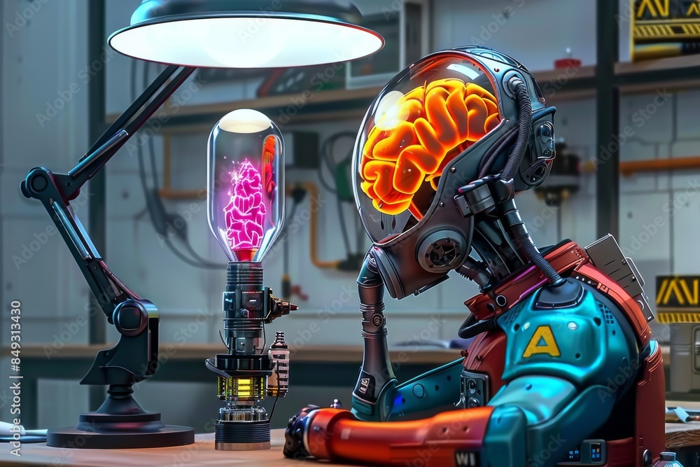 Poster ai robot working on brain, advanced technology in artificial intelligence, high tech digital innovat