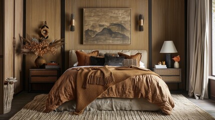 Dive into comfort and style with a bedroom styled in earthy tones, offering a retreat for relaxation and reflection.