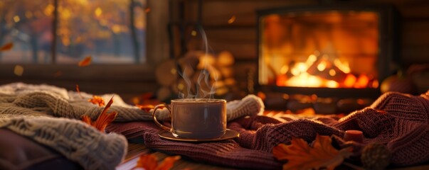 Cozy sweater weather by a crackling fireplace, hot cocoa and autumn coziness, 4K hyperrealistic photo.