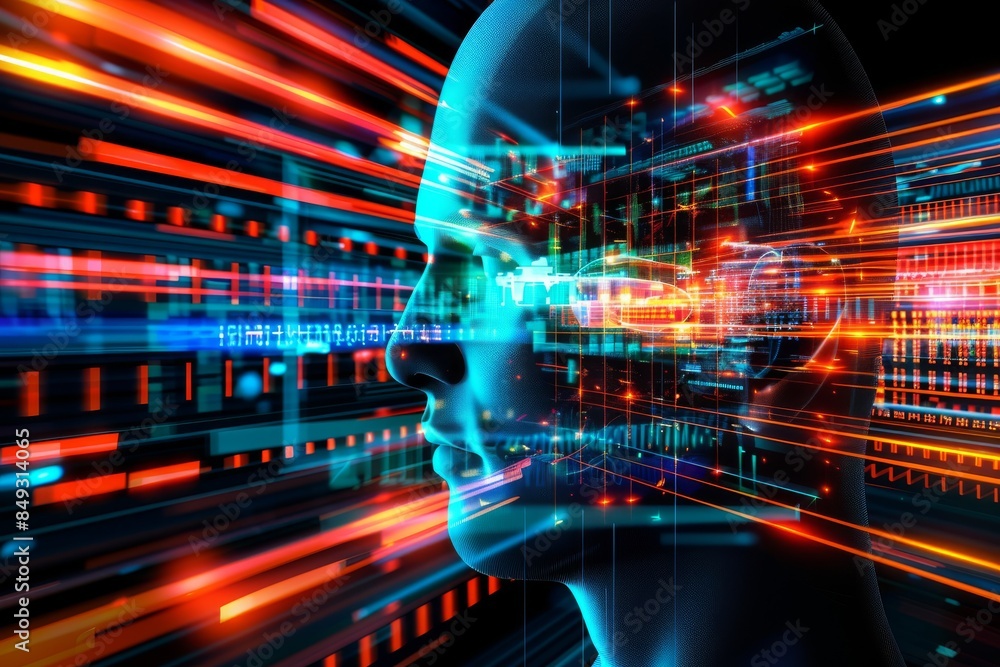 Poster ai brain with digital data streams, advanced technology in artificial intelligence, high tech digita