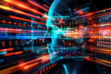 AI Brain with Digital Data Streams, Advanced Technology in Artificial Intelligence, High Tech Digital Innovations, Futuristic Design, Modern Tech Elements, Glowing Lights, Detailed Setup.