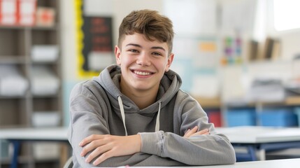 Smiling Teenage Boy in Classroom, British High School Student, Education and Study Environment, Youth and Diversity Concept