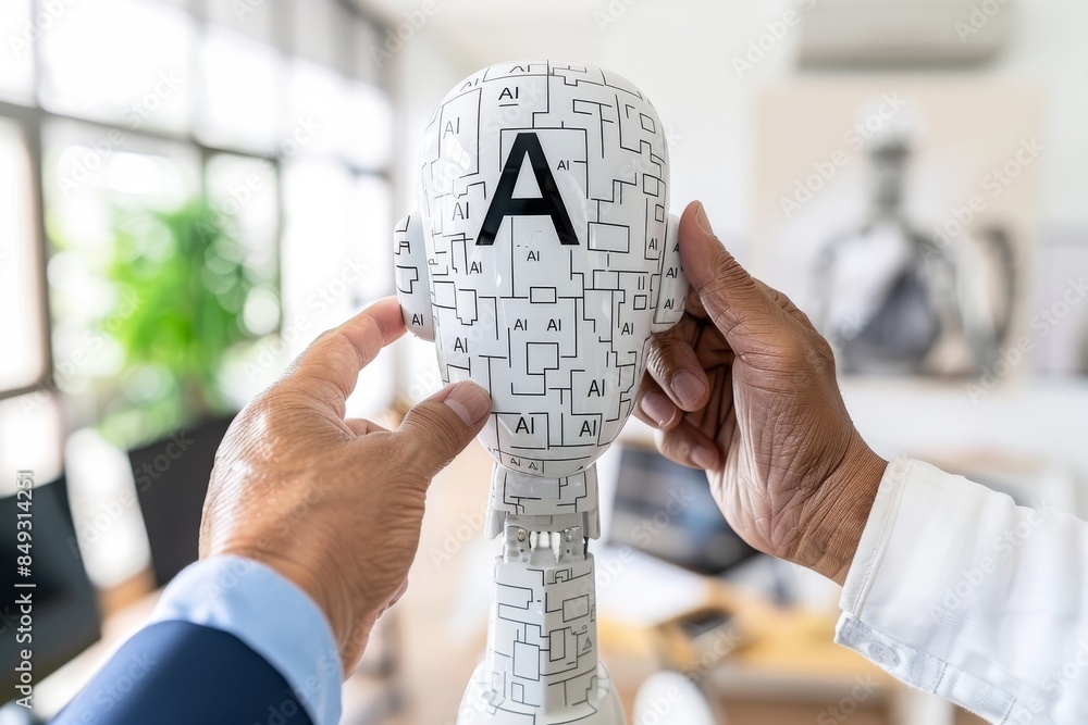 Poster ai robot interacting with data, advanced technology in artificial intelligence, high tech digital in