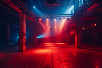 Naklejka premium architecture by ai, empty industrial club stage with red and blue lights, dark and foggy atmosphere, technoparty, dancefloor, photorealistic // ai-generated 