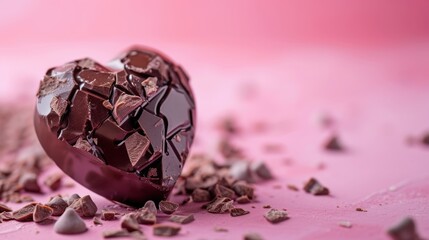 Close-up of a dark chocolate heart with a textured surface and scattered chocolate shavings on a vibrant pink background. romantic themes or Valentine's day