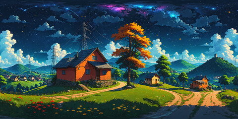 HDRI Equirectangular Vibrant Anime Night Panorama J