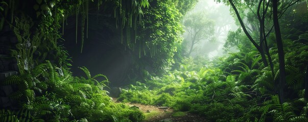 Fototapeta premium Lush green forest with a winding path leading to a hidden cave, 4K hyperrealistic photo