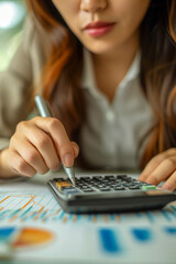 Female accountant using a calculator to make a financial report. 
