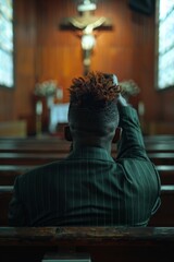 Obraz premium A man was sitting in a church pew, raising his arms and praying to God