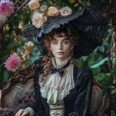 Obraz premium Romantic Victorian Garden Portrait, featuring vintage garden settings and romantic aesthetics, hyperrealistic 4K photo.