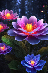 Generative AI beautiful fantasy flower plant with glowing light, luminous and realistic flowers. Each petal emits a mesmerizing, enchanting flower atmosphere magical floral, Gorgeous mystical Floral	